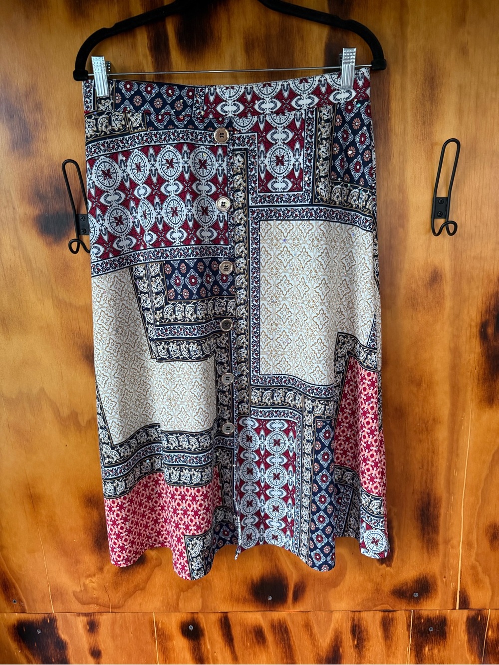 Women's Boho Patchwork Midi Skirt in Red, Navy & Cream